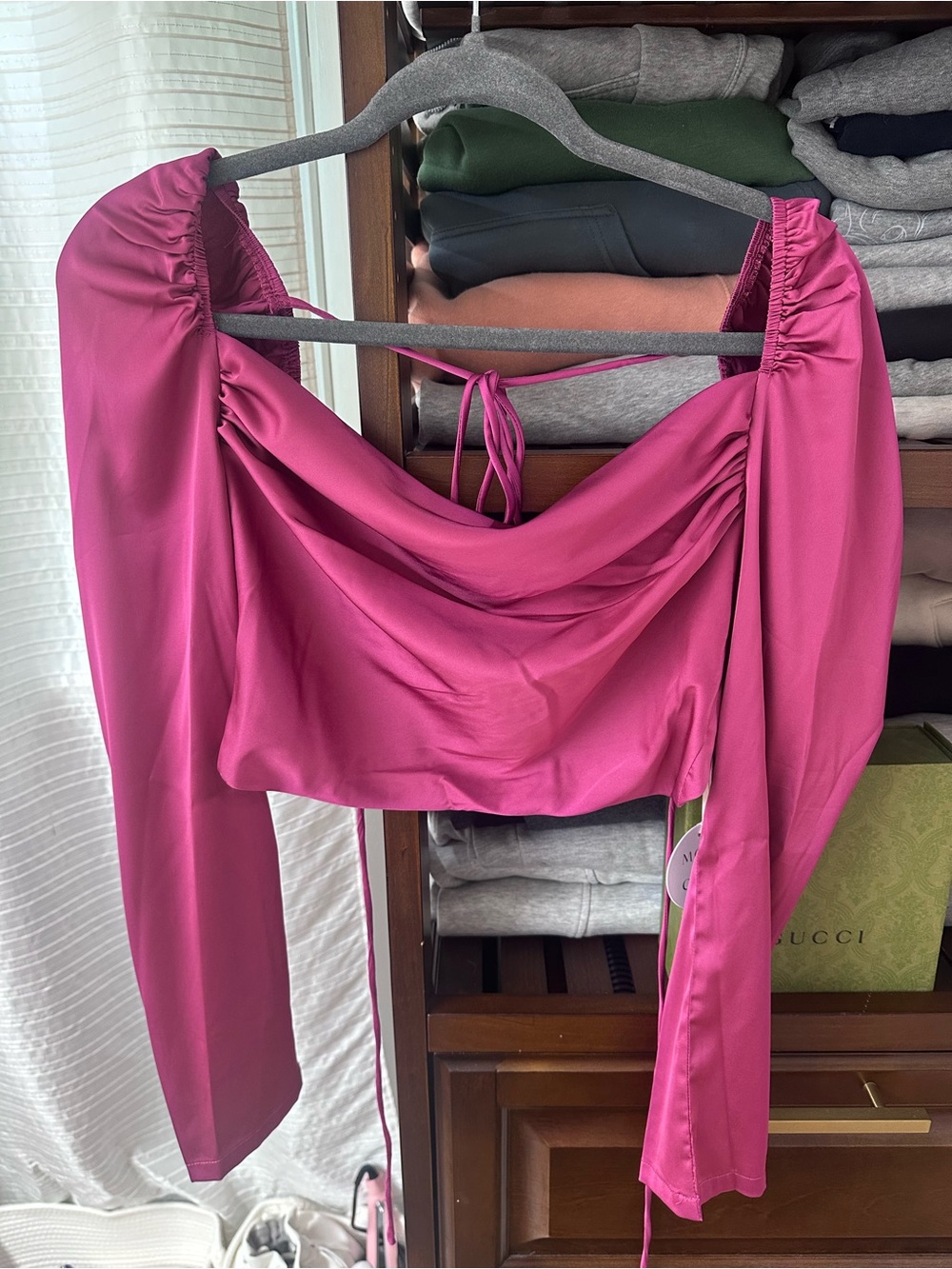 Bright Fuchsia Draped Long Sleeve Crop Top